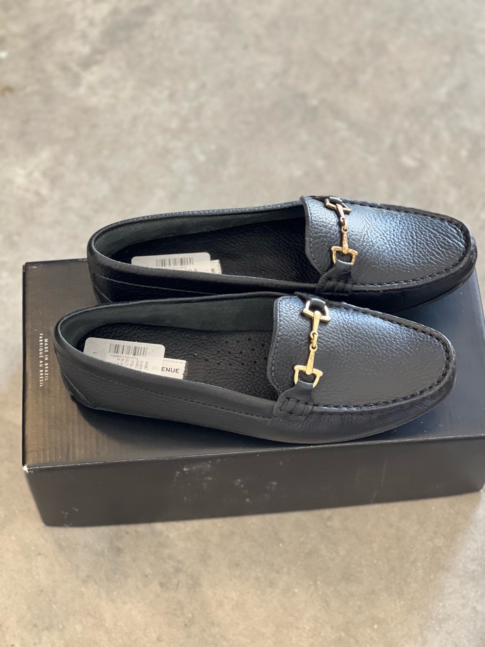 Saks Fifth Avenue Black Leather Loafers with Gold-Tone Bit